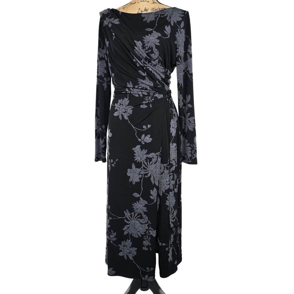 Lauren Ralph Lauren Black Grey Floral Faux Wrap Midi Dress Silver O-Ring Size 14